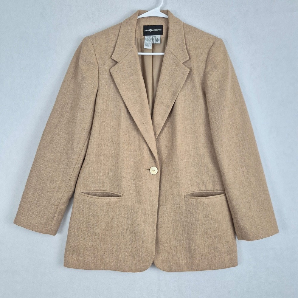Vtg 100 Pure New Wool Tan Blazer Women's Sz 10 Single Button Jacket Quiet Luxury